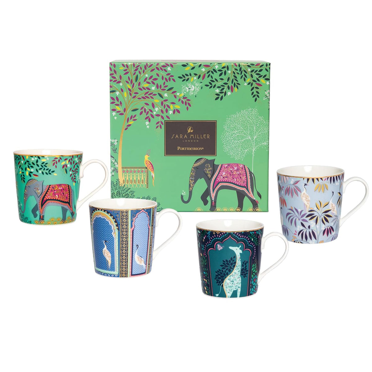 Sara Miller India Mugs, Set of 4 - 12oz Fine China Tea & Coffee Mugs with 22ct Gold Detailing - Collectible Drinkware Featuring Exotic Wildlife in Vibrant Jewel Tones - Great for Gifting
