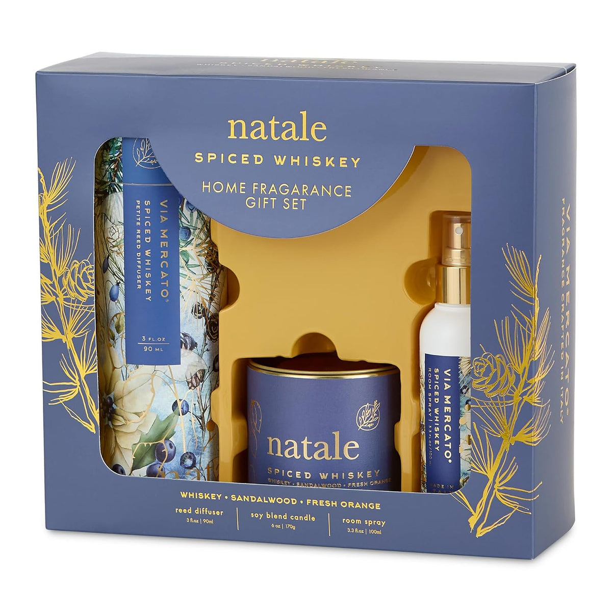 Via Mercato Natale Spiced Whiskey home fragrance gift set candle reed diffuser room spray Italy blue box