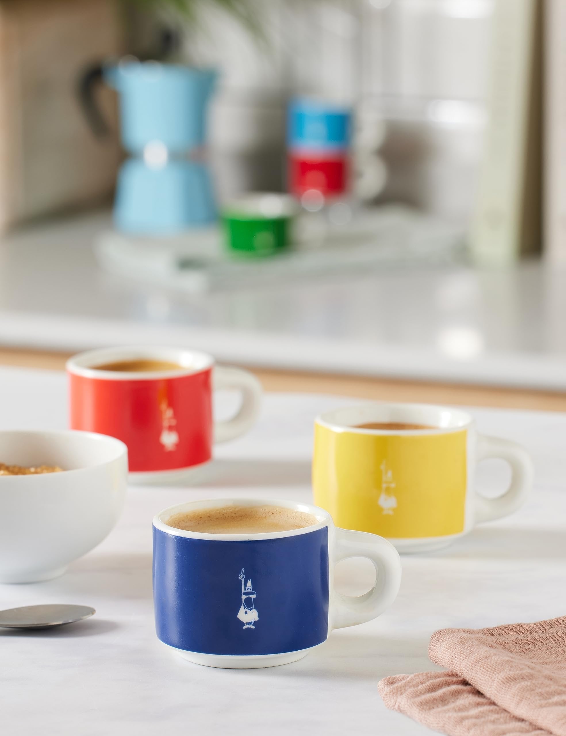 Bialetti Stackable Multicolor espresso cups close-up Little Man Moustache six colors porcelain detail