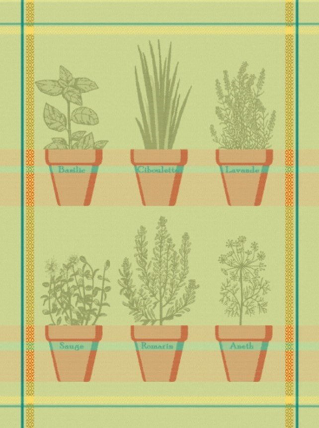 Kitchen Tea Towel Fine European Linens Jacquard 100% Cotton  "Green Herbs on Pot" (20x28")