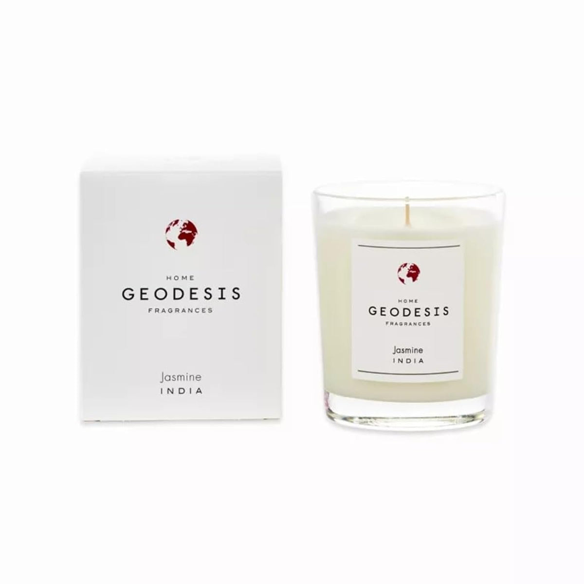 Geodesis Jasmine scented candle in clear glass jar with minimalist label, 180g