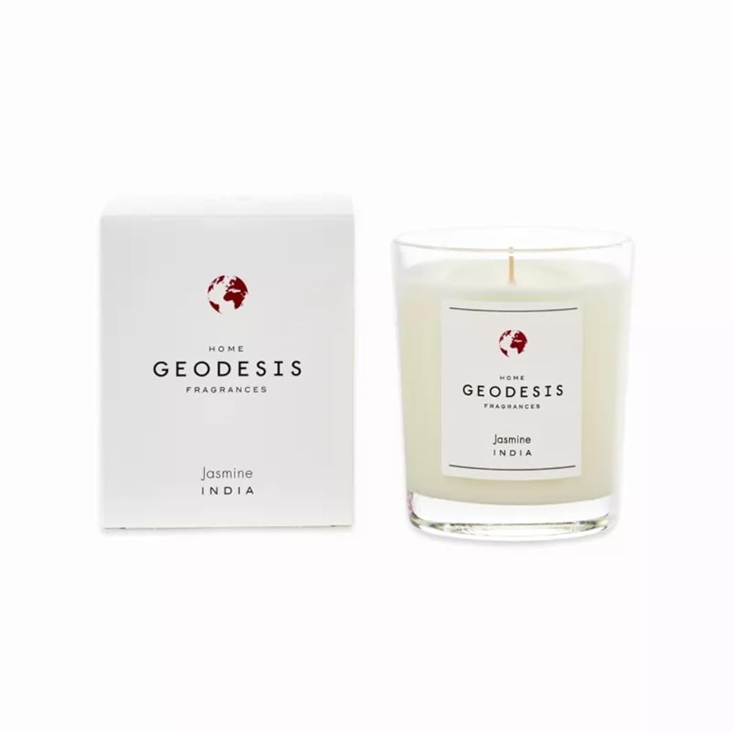 Geodesis Jasmine scented candle in clear glass jar with minimalist label, 180g