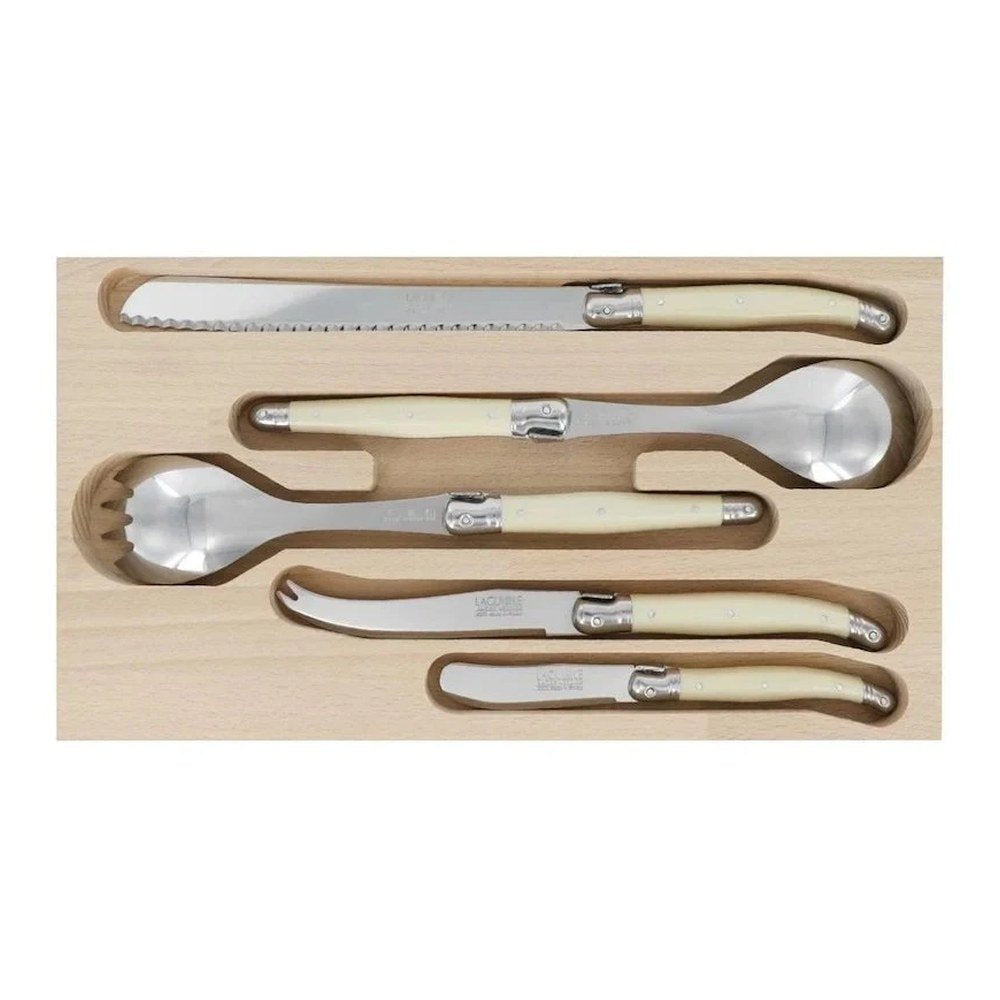 André Verdier Laguiole Debutant 5-piece host serving set ivory handles in beech wood gift box