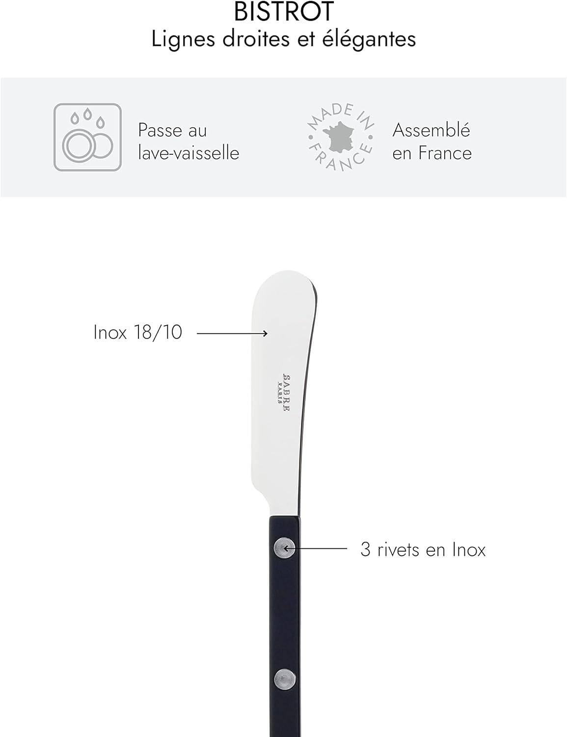 Sabre Paris - Set of 2 Spreader Black Knives 5.5 inches - Bistrot Collection - Perfect for Butter, Tapenades, Spreads - Stainless Steel & Nylon - Dishwasher Safe - Black - Brilliant Finish