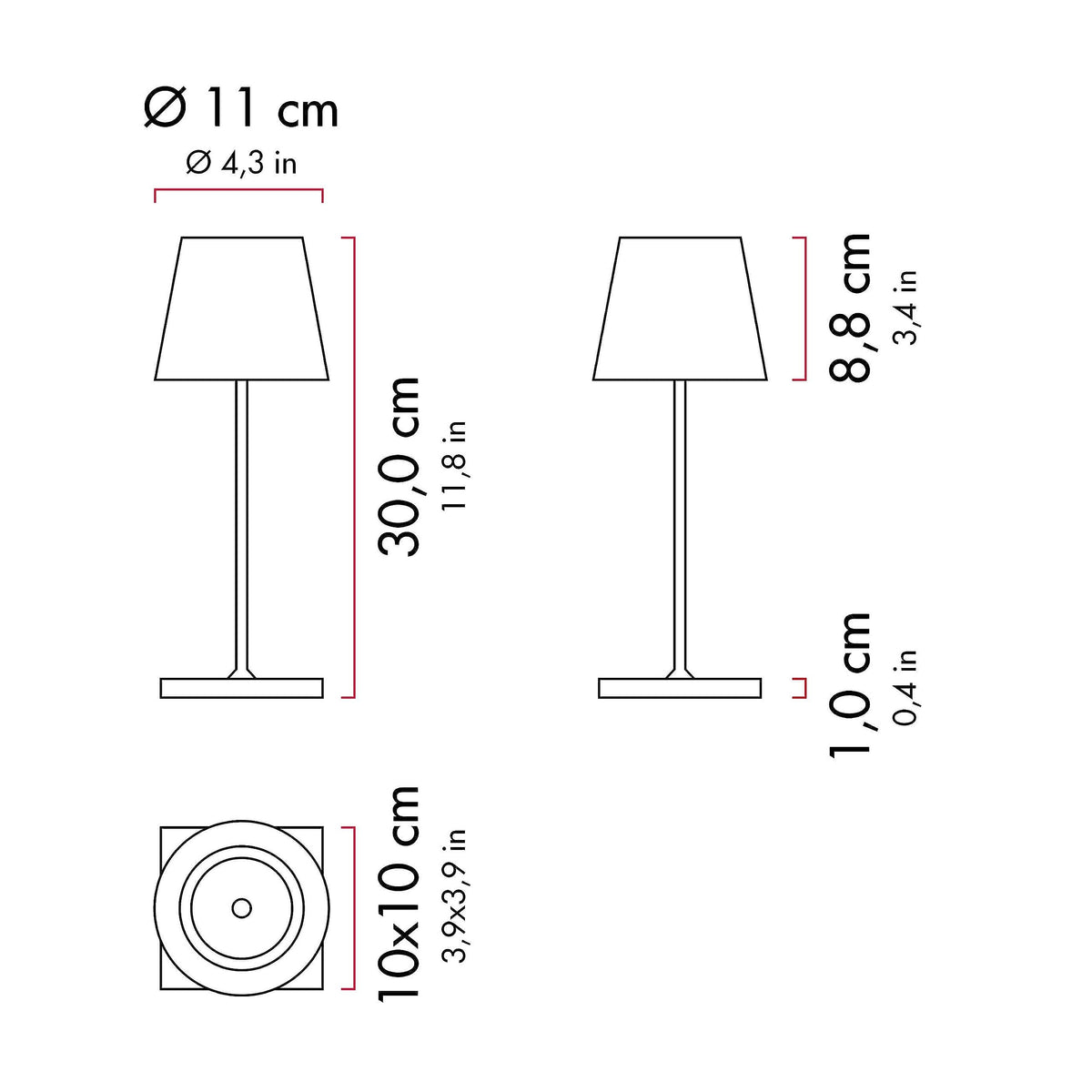 Poldina Pro Mini Dimmable LED Table lamp in Aluminum, IP54 Protection, Indoor/Outdoor use, Contact Charging Base, H30cm, USA Plug