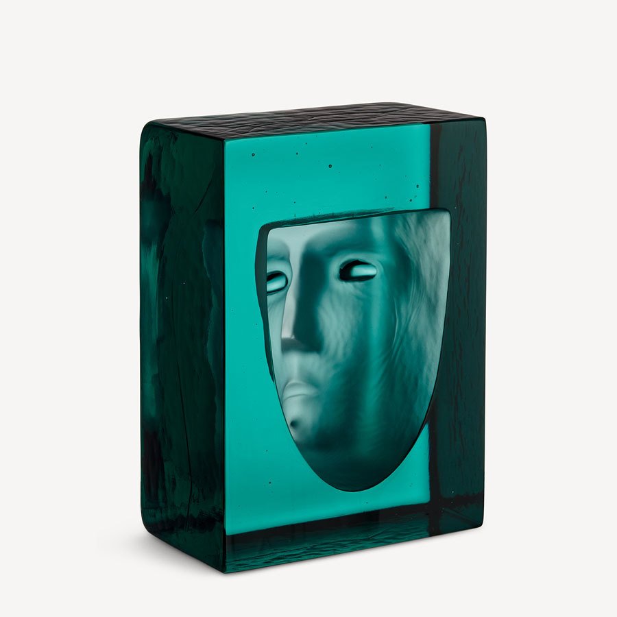 Kosta Boda Azur Frost Petrol Bartil Vallien Artist Collection Face Mold Sandblasted Green Glass Sculpture