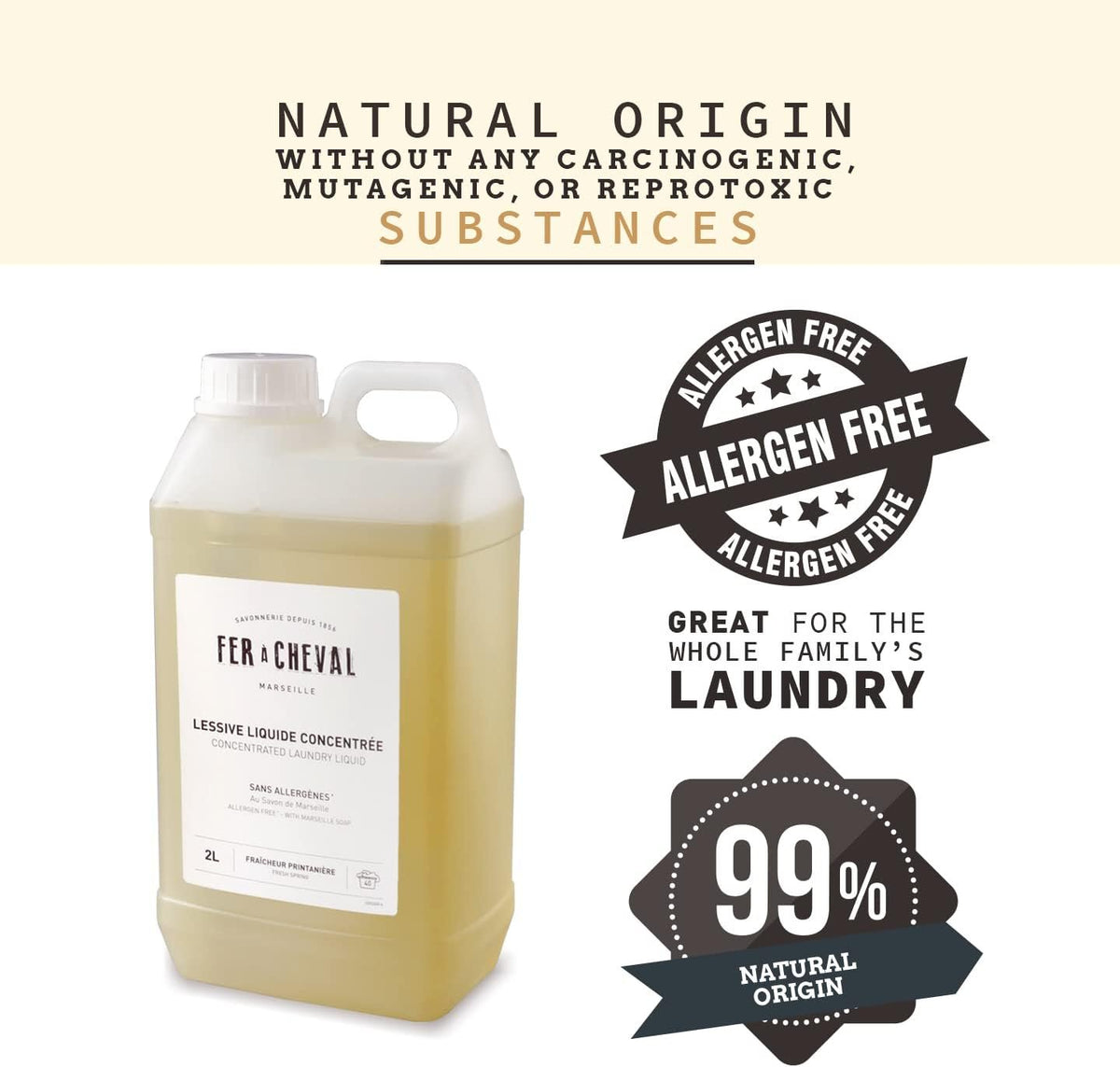 Concentrated Laundry Liquid Detergent Marseille Soap Allergen Free | 2L | Fresh Spring