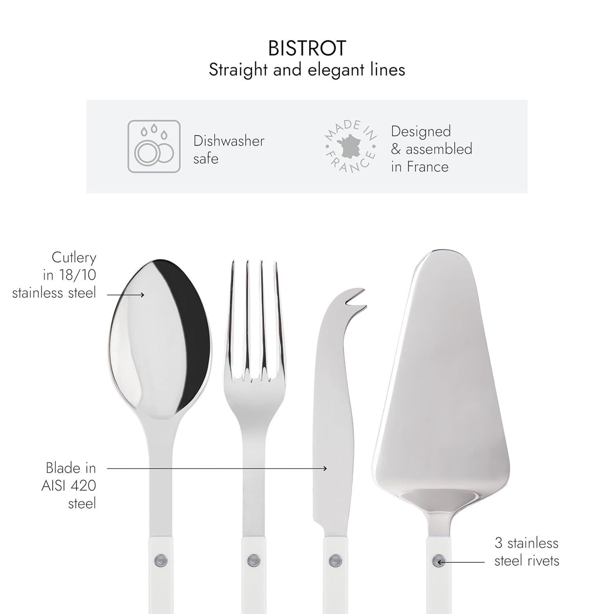 SABRE PARIS - 4-Piece Serving Set - White - Bistrot Collection - 2 Serving Flatware, Serrated Pie Server, Large Cheese Knife - Stainless Steel & Nylon - Dishwasher Safe - Brilliant Finish
