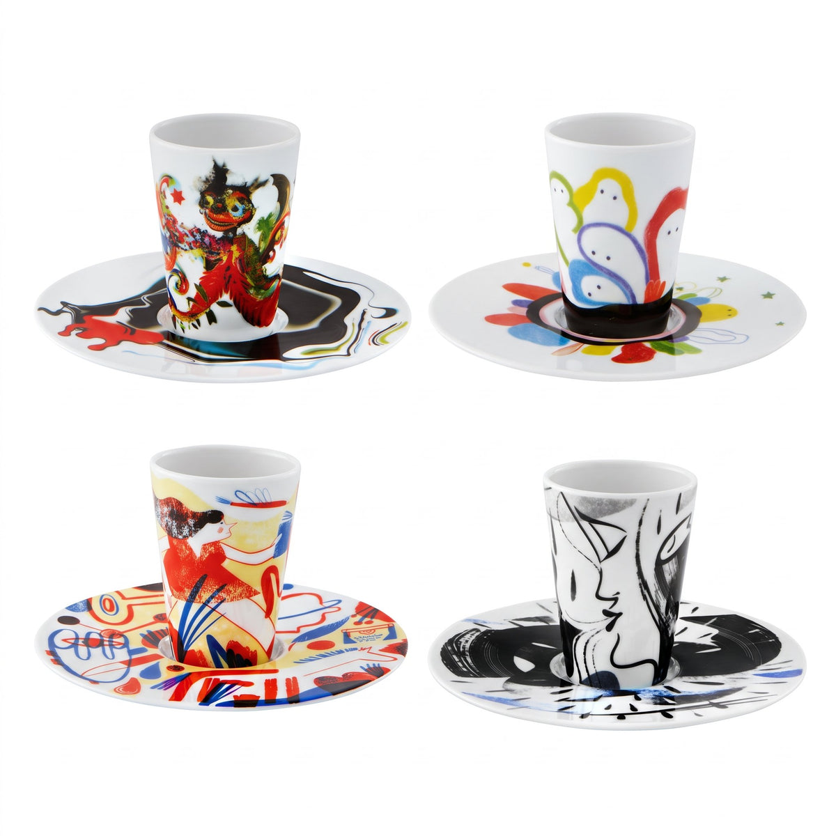 Vista Alegre Escape Goat set of 4 espresso cups and saucers with four illustrated designs