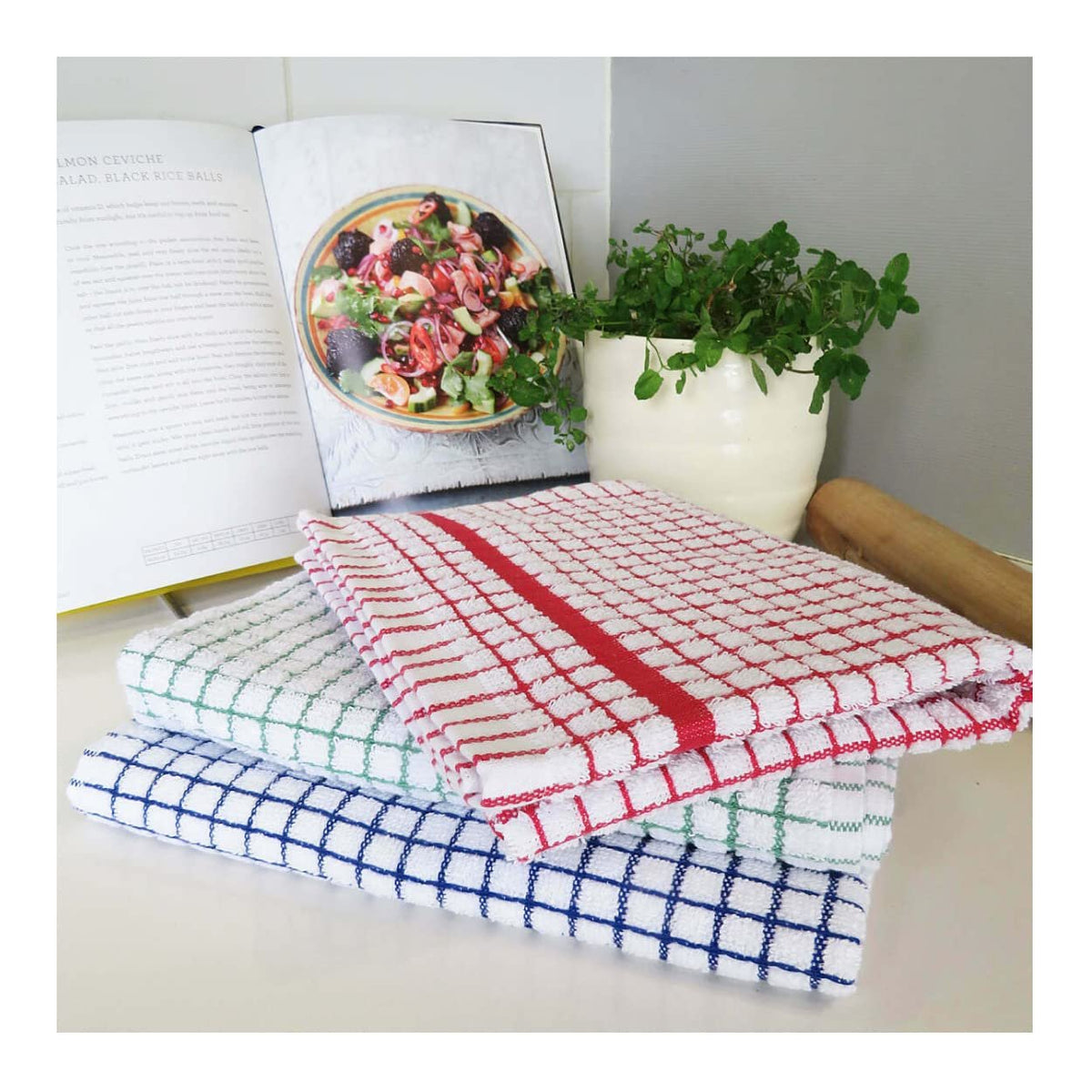 Poli-Dri Cotton Tea Towel Kitchen Linens 6-Pack White/Red by Samuel Lamont