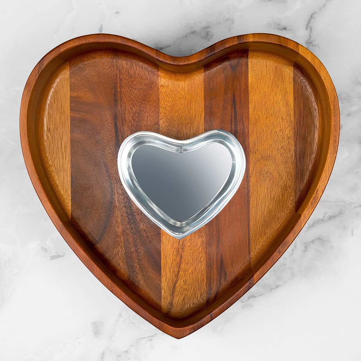 Nambé Heart Chip and Dip Set in acacia wood and alloy