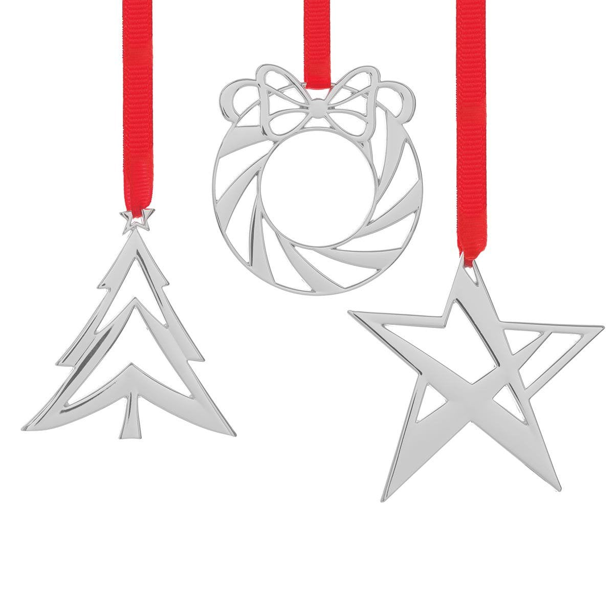Nambé Mini Ornaments Set of 3, Star Wreath Tree in silver and gold plate