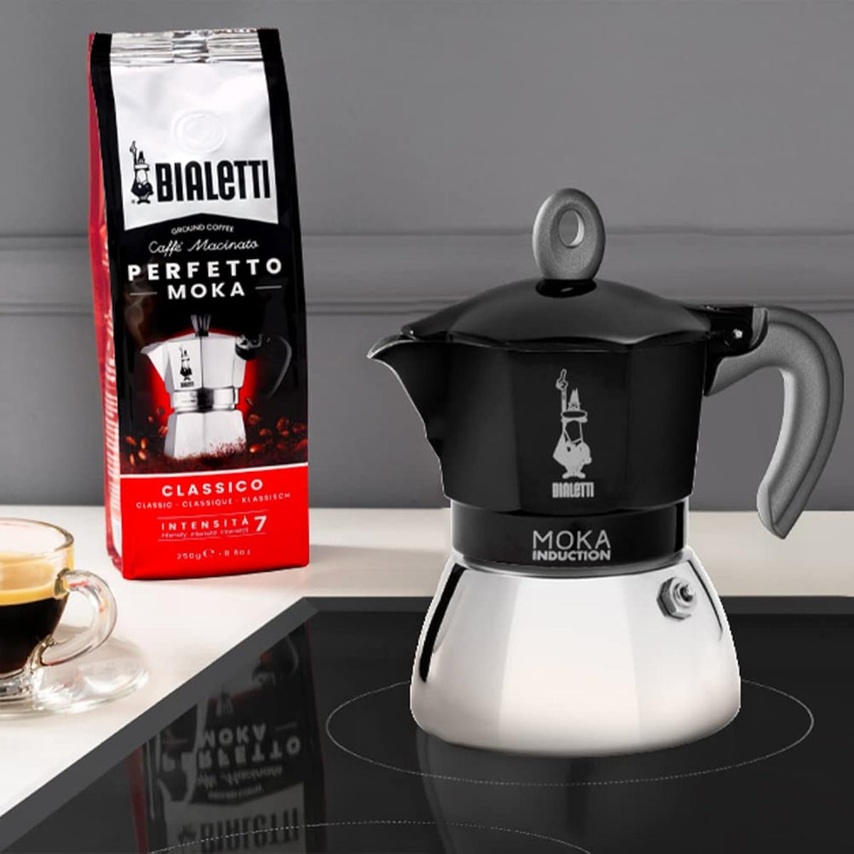 Bialetti Moka Induction black espresso maker on stovetop – compatible with induction gas electric and ceramic hobs