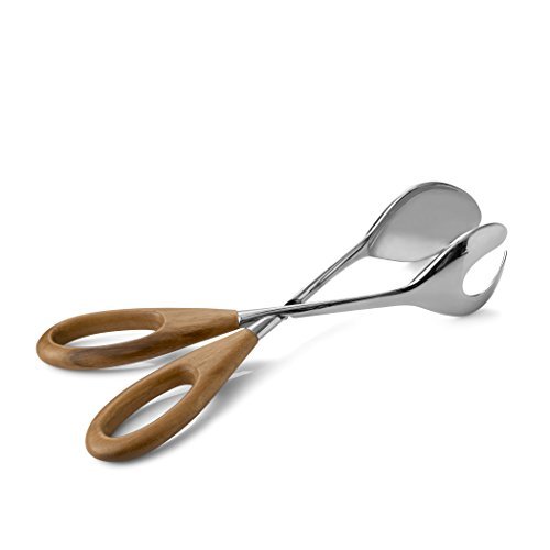 Nambe Curvo Salad Servers Scissors Tongs | Made of Stainless Steel and Acacia Wood