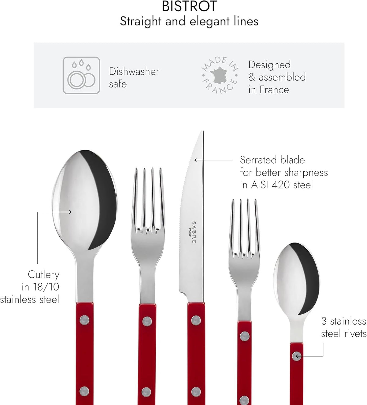 Sabre-Paris 5-Piece Flatware Set for 1 - Bistrot Collection Red - Knife, Fork, Soup Spoon, Teaspoon & Dessert Fork - Stainless Steel & Nylon - Dishwasher Safe - Shiny Finish Red