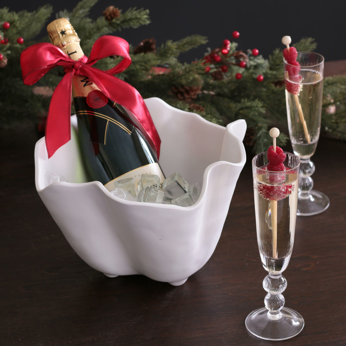 Beatriz Ball VIDA Nube white ice bucket styled on bar cart with wine bottle entertaining