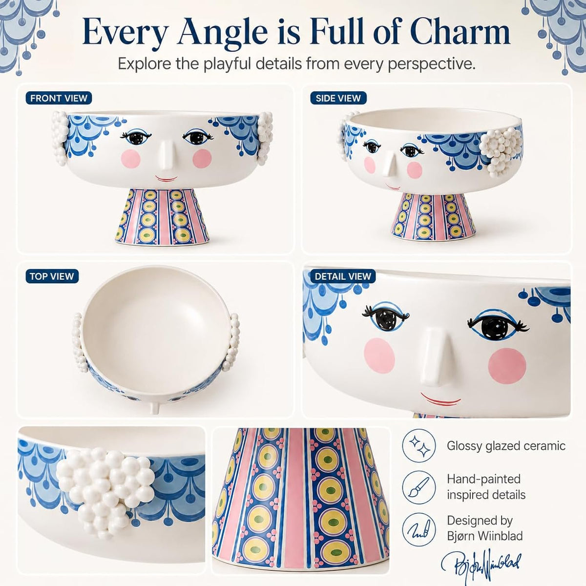 Bjørn Wiinblad Eva Bowl on Stand | Hand-Painted Glazed Ceramic | Blue | 9.4 in