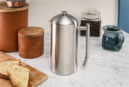 Frieling Brushed French Press Brewing Coffee on Kitchen Counter Lifestyle Shot