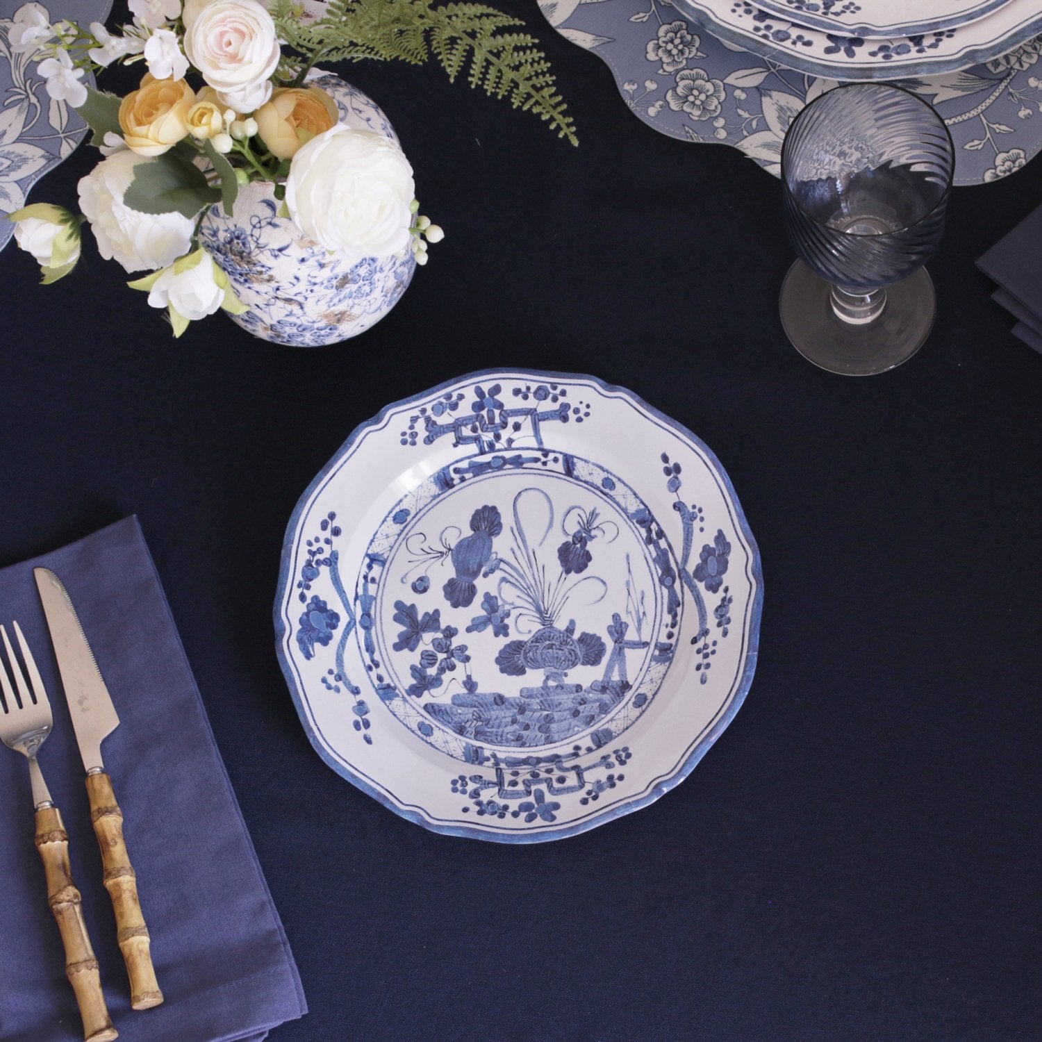Beatriz Ball VIDA Faenza 9" salad plate set of 4 white blue melamine on white background