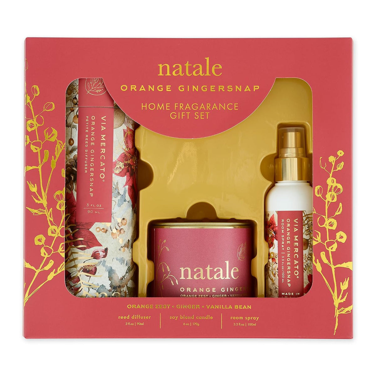 Via Mercato Natale Orange Gingersnap Home Fragrance Gift Set | Candle, Diffuser & Spray