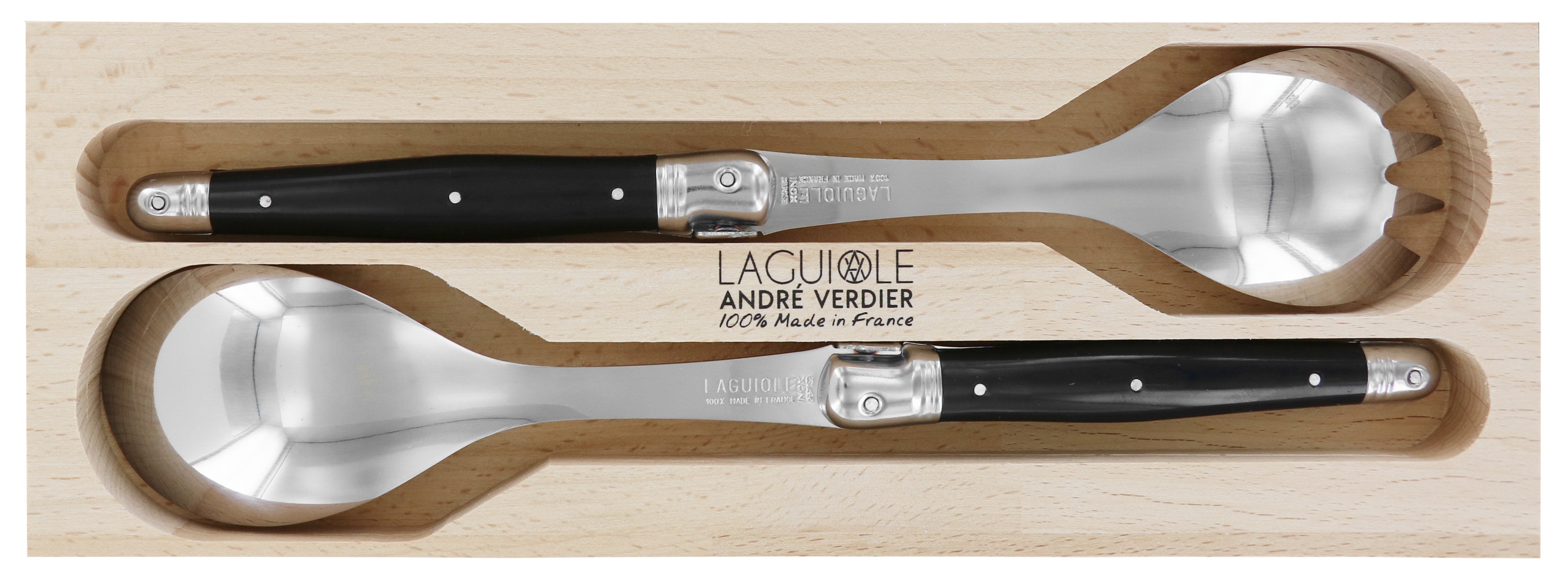 Laguiole Andre Verdier 2-Piece Salad Servers Debutant Stainless Steel Blade and Black Handle