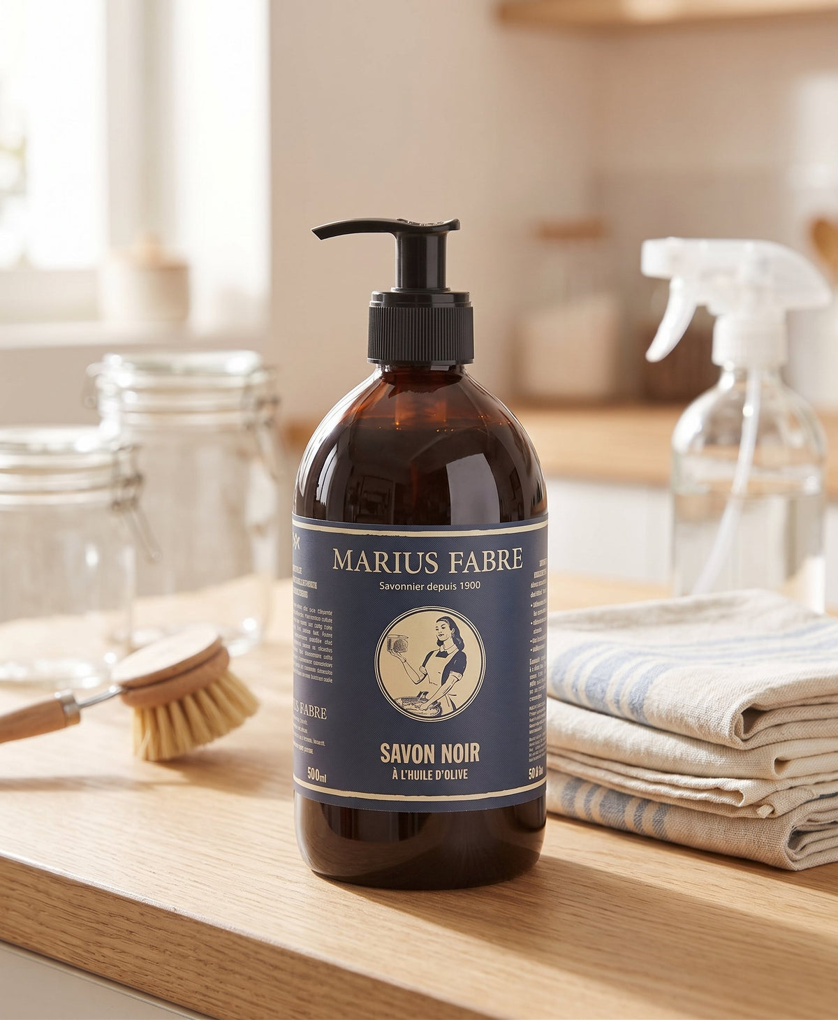 Marius Fabre Black Soap cleaning a kitchen surface