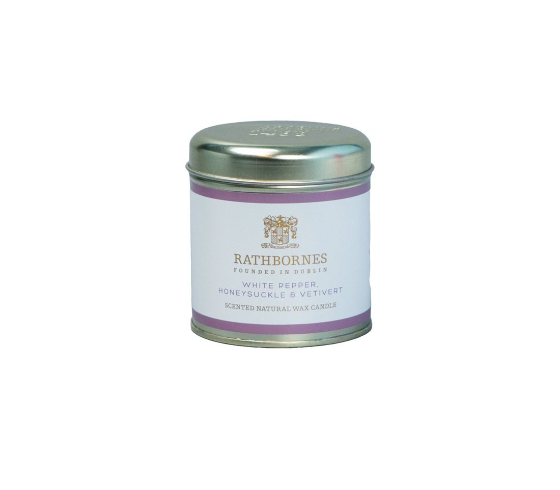 Irish luxury eco candle tin with white pepper and honeysuckle
