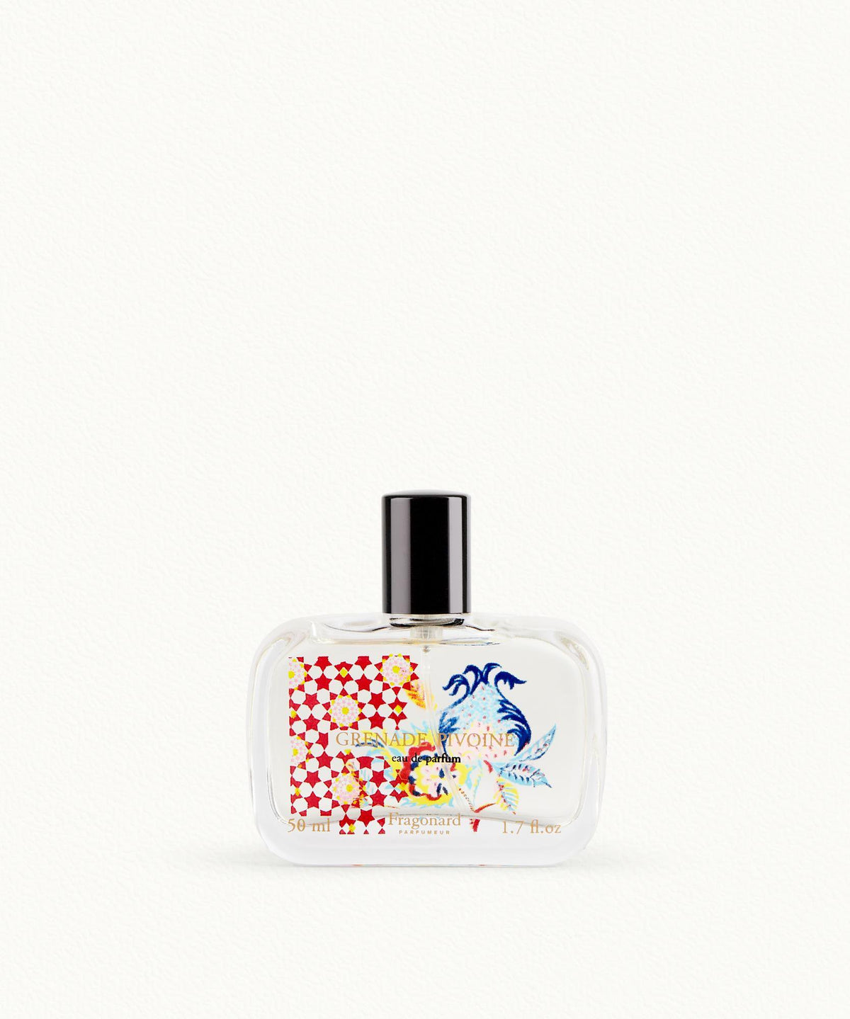 Fragonard Grenade Pivoine EDP 50ml French perfume flat lay with pomegranate and peony