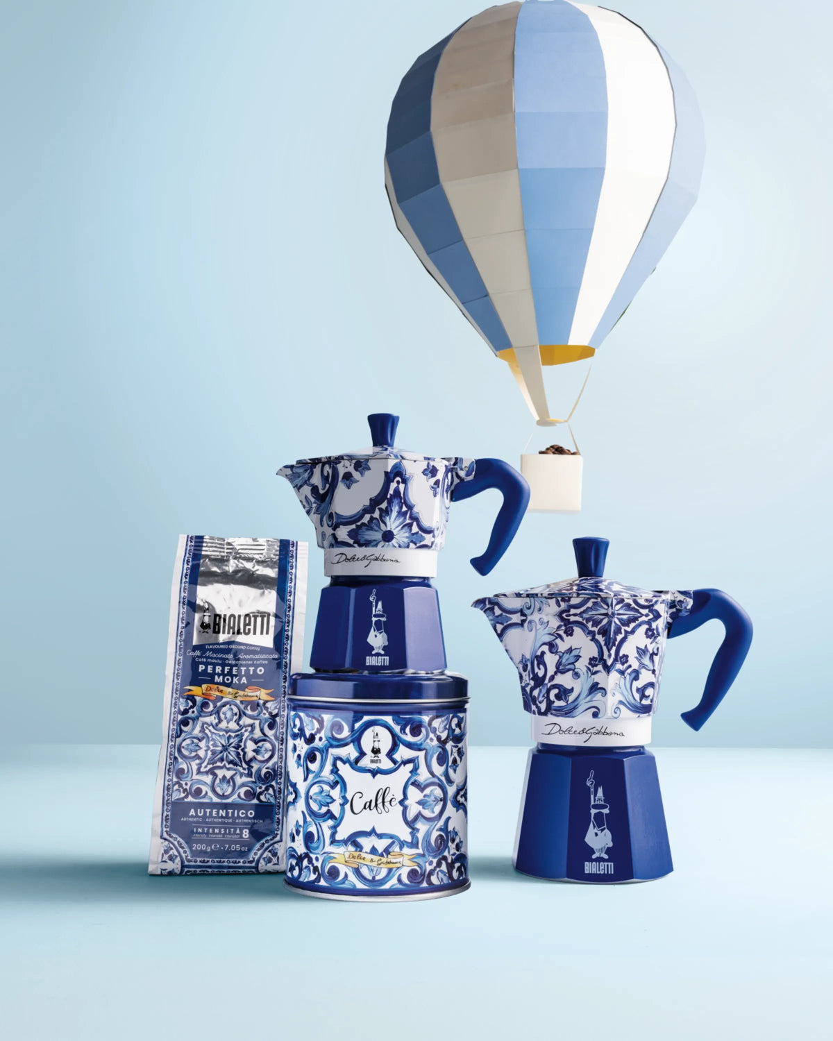 Close-up of Bialetti Dolce Gabbana Mediterranean Blue Moka Express showing blue and white Mediterranean-inspired design