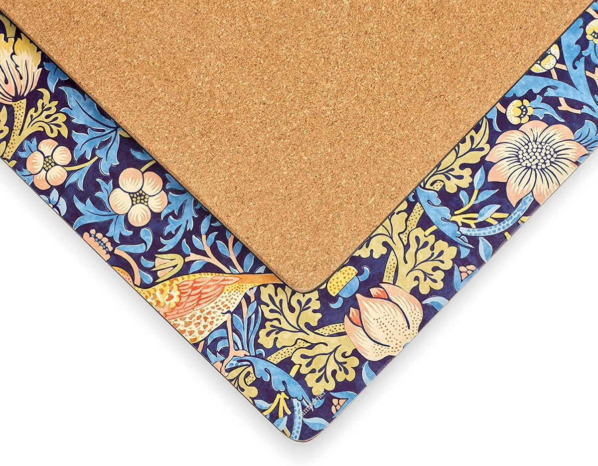 Pimpernel Morris & Co Strawberry Thief Blue Collection Placemats | Set of 4 | Heat Resistant Mats | Cork-Backed Board | Hard Placemat Set for Dining Table | Measures 15.7” x 11.7”