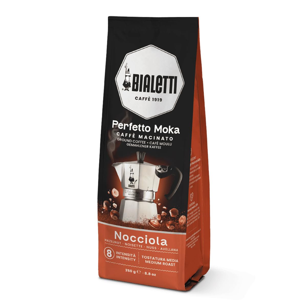 Bialetti Perfetto Moka ground coffee 8.8oz styled with Moka pot Italian espresso brewing