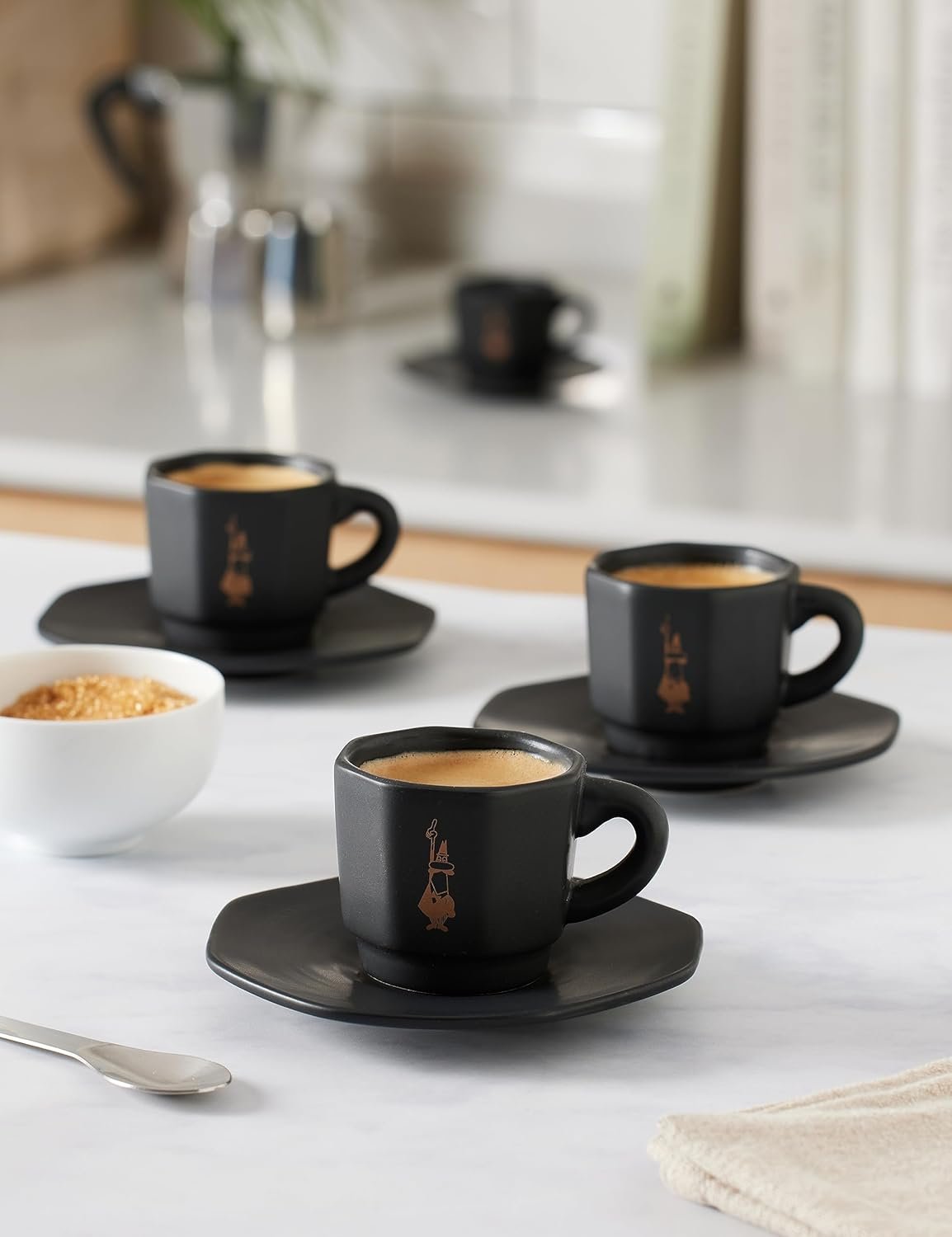 Bialetti Espresso Octagonal Cups 4-Set Matte Black and Rose Gold Decor, 75ml