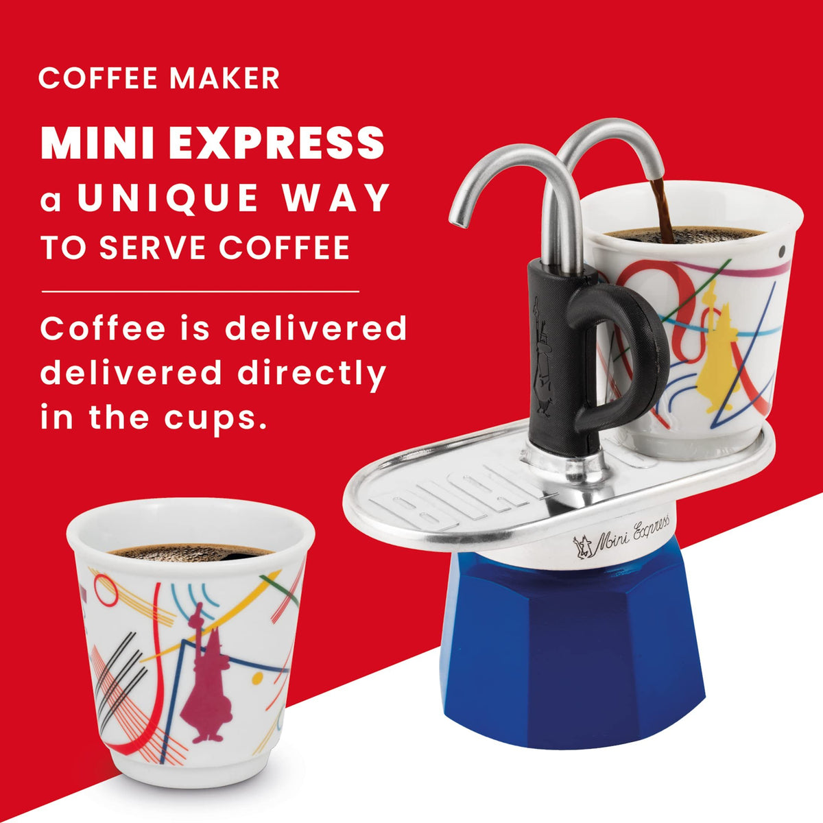 Bialetti Mini Express Kandinsky Moka Set – 2 Cups + 2 Shot Glasses (Light Blue)