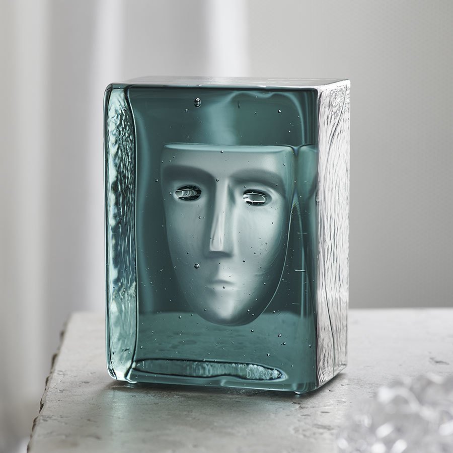 Kosta Boda Azur Frost Petrol Bartil Vallien Artist Collection Face Mold Sandblasted Green Glass Sculpture