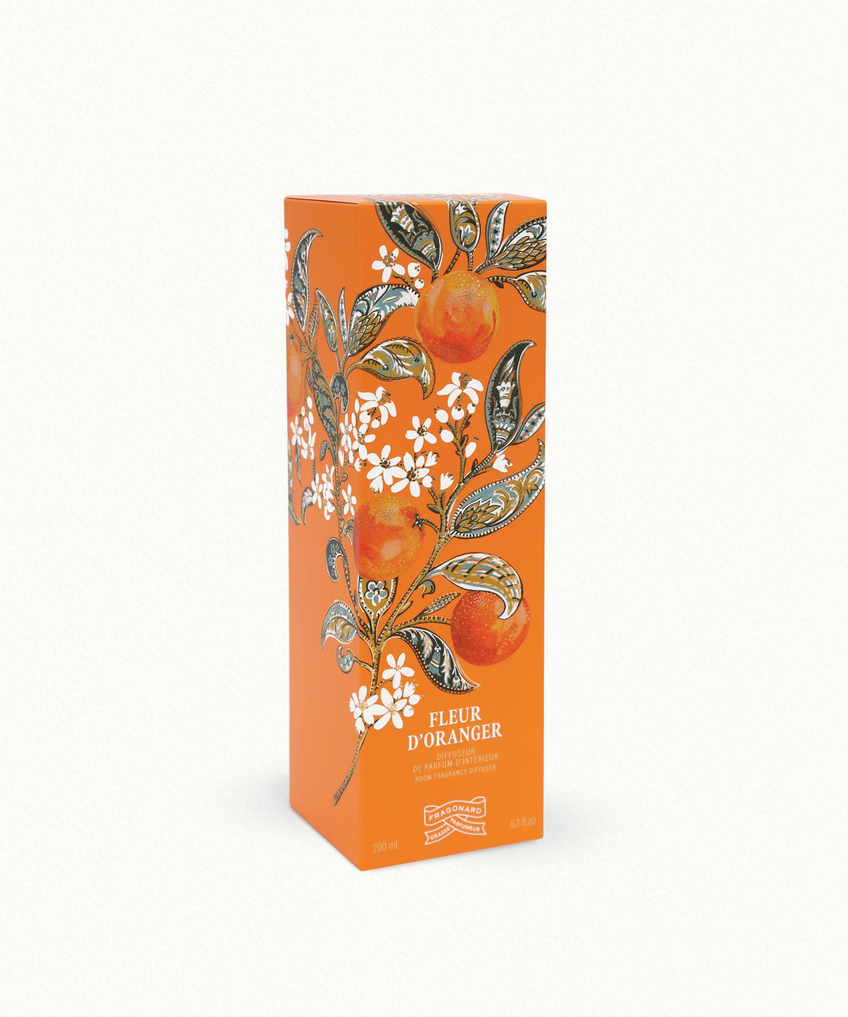 Fragonard Fleur d'Oranger 200ml reed diffuser styled on home decor shelf orange blossom jasmine