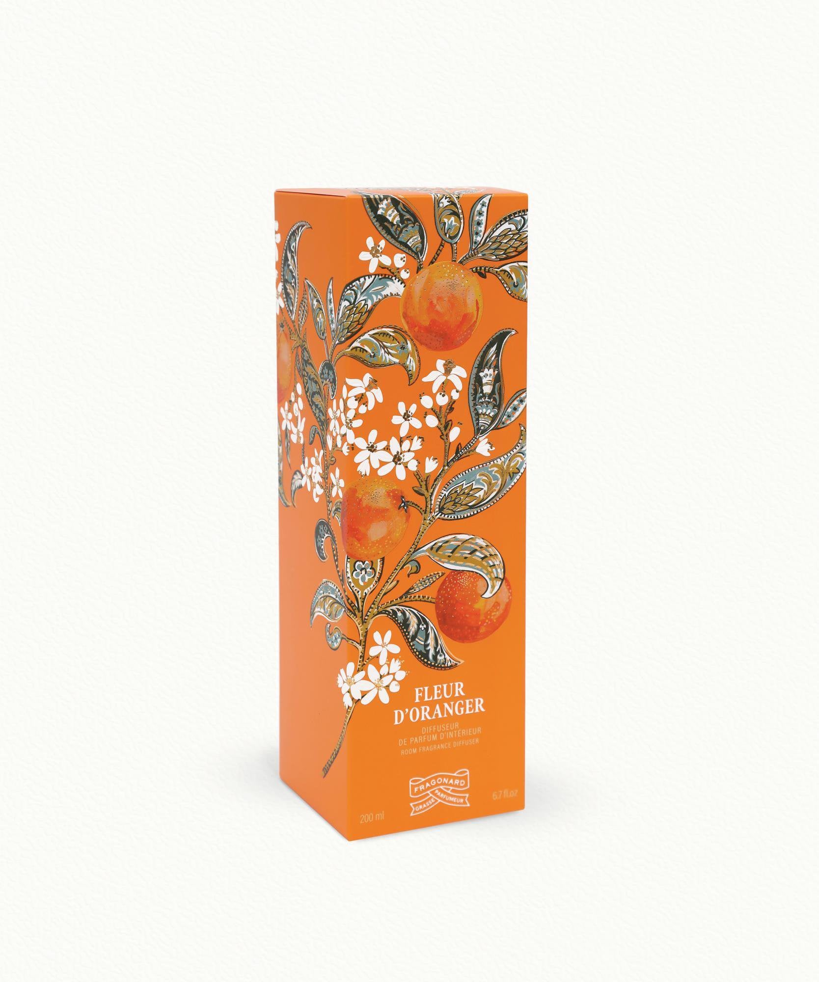 Fragonard Fleur d'Oranger 200ml reed diffuser styled on home decor shelf orange blossom jasmine