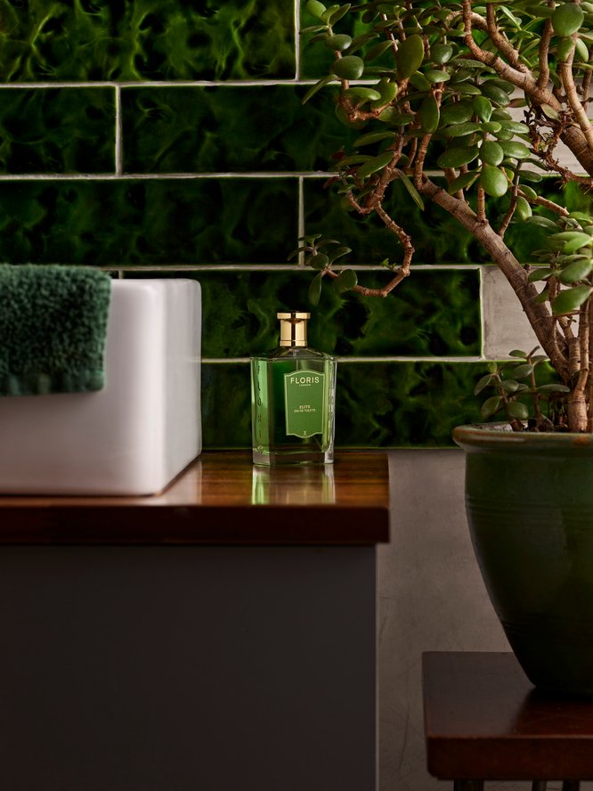 Floris London Elite cologne styled on counter
