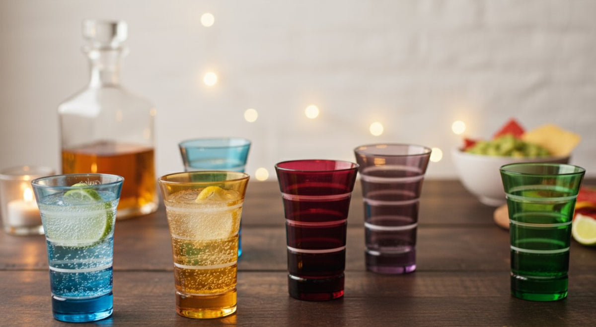 Mixed Color Cordial / Double Shot Glasses Set | Set of 6 | Mouth-Blown Glass