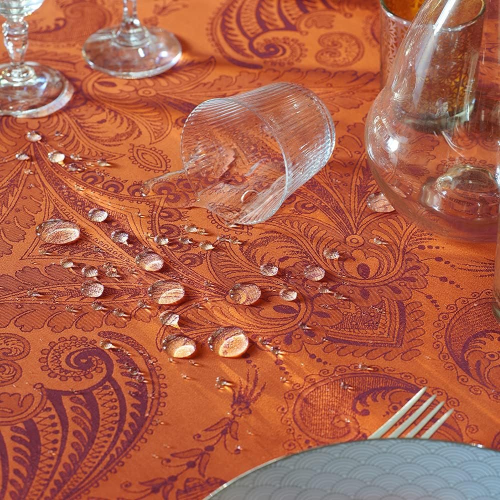 Garnier-Thiébaut Mille Folk Cranberry Jacquard Stain-Resistant Tablecloth