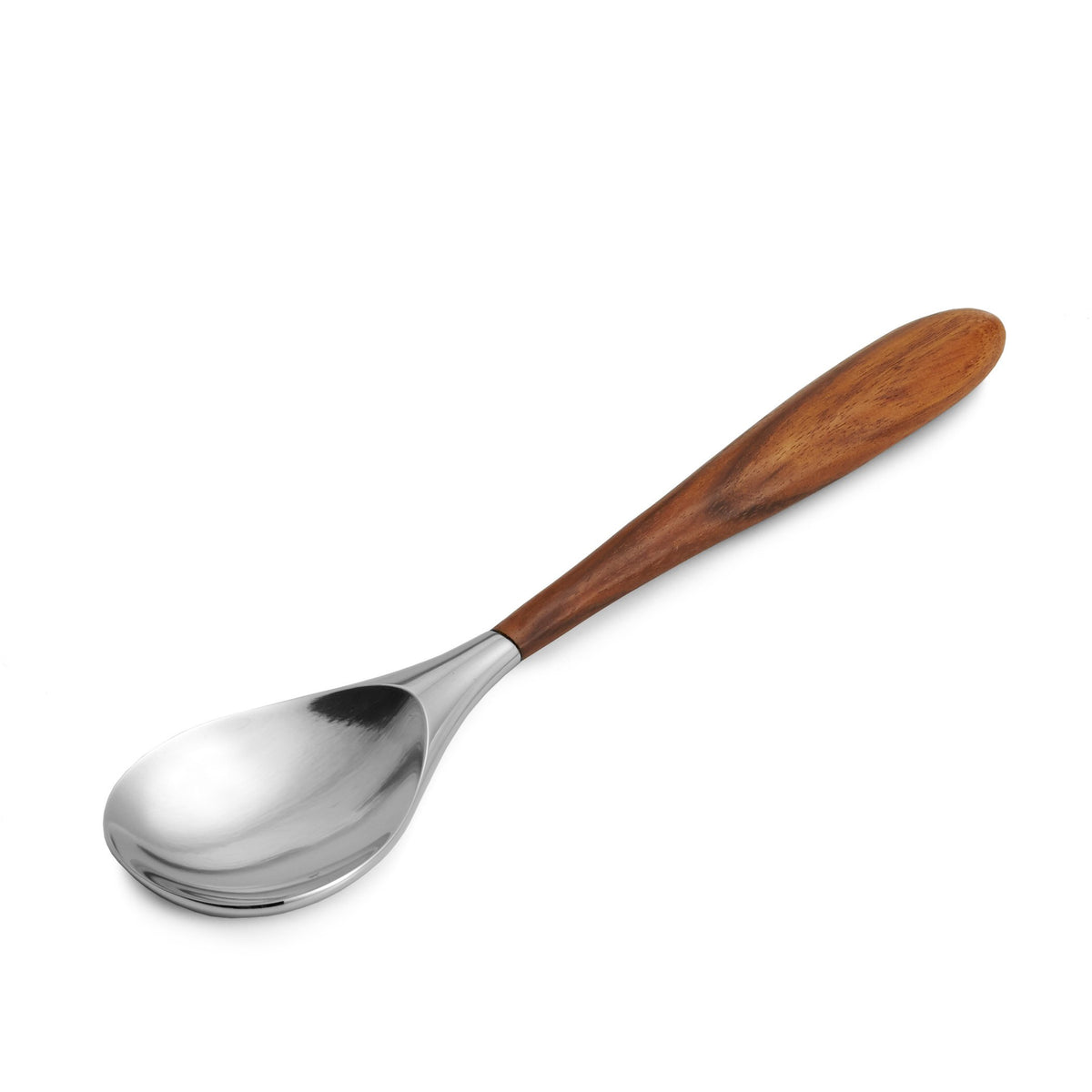 Nambé Curvo Serving Spoon in stainless steel and acacia wood