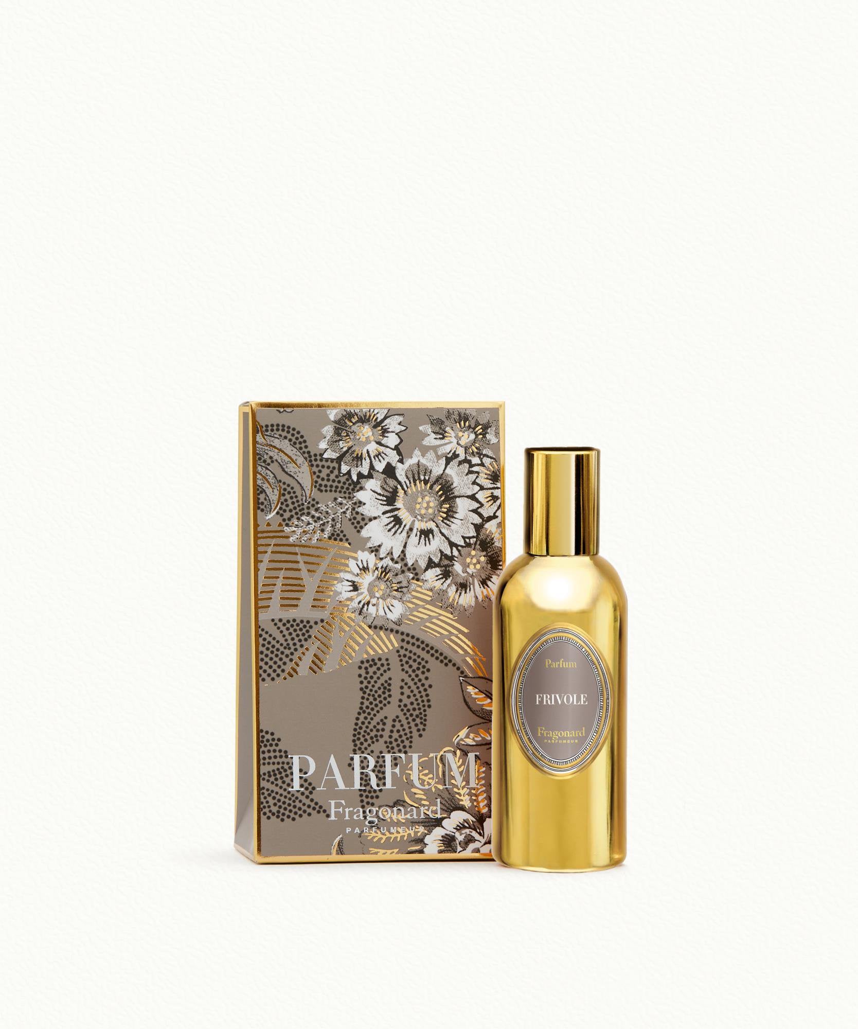 Fragonard Frivole Parfum 60ml all-gold aluminium bottle with grey gold illustrated gift box