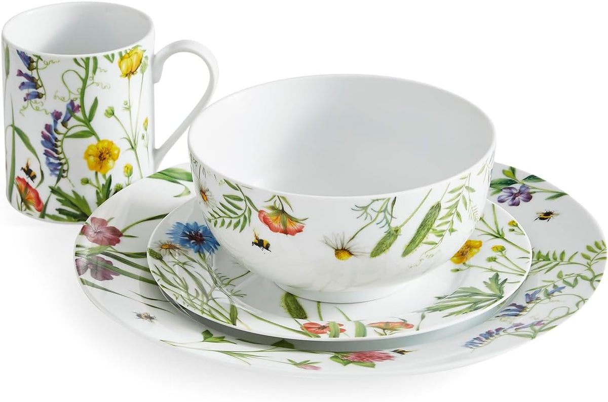 Portmeirion Bumble Bee Dinnerware Set (16 Piece Dish Set) | Floral Design
