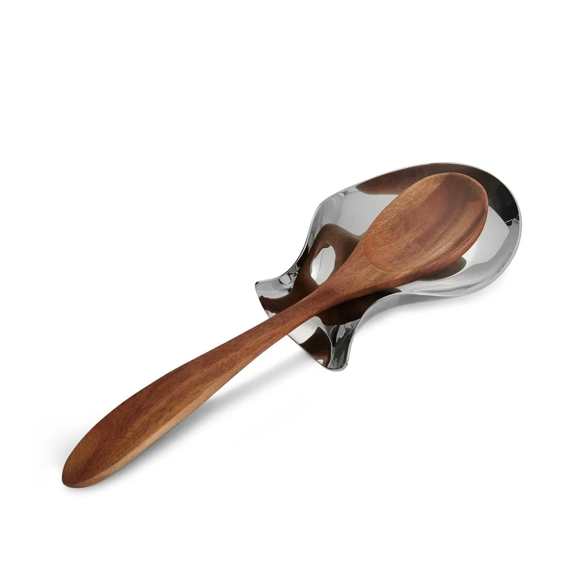 Nambé Curvo Spoon Rest in stainless steel on kitchen counter
