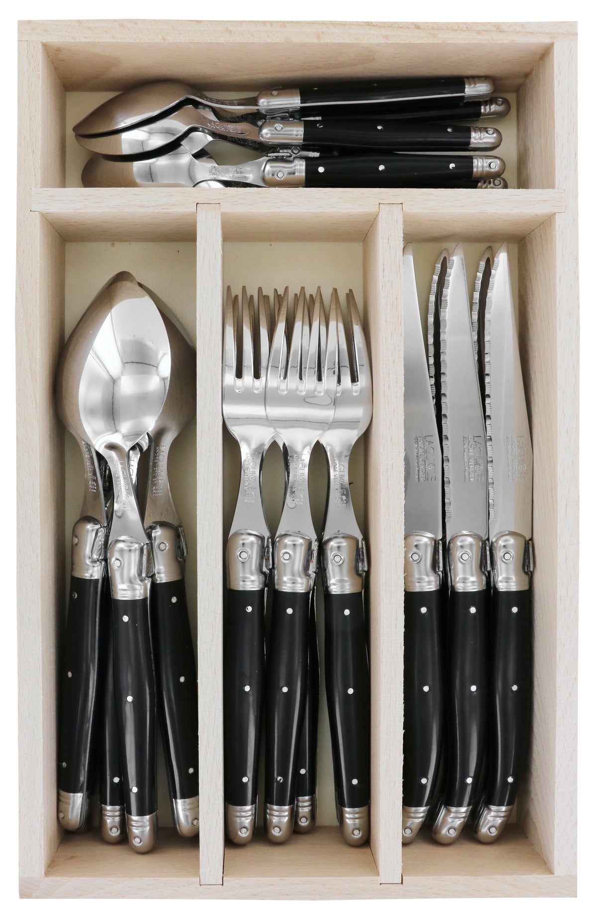 André Verdier Laguiole Debutant 24-piece flatware set black handle in wooden box service for 6