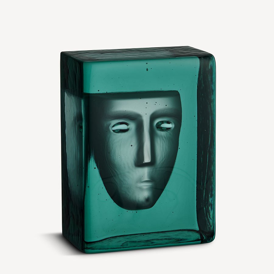 Kosta Boda Azur Frost Petrol Bartil Vallien Artist Collection Face Mold Sandblasted Green Glass Sculpture