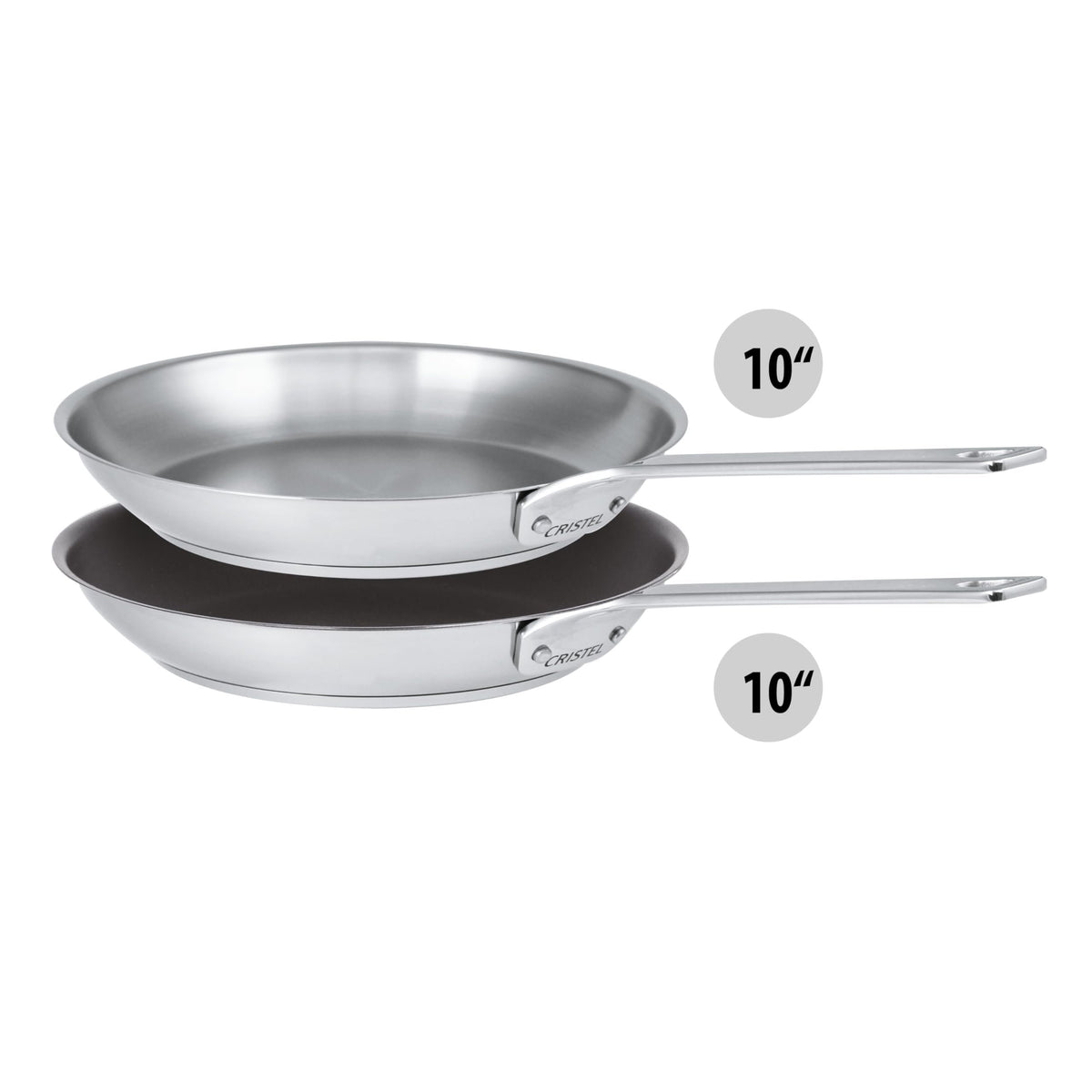 Cristel 1826 Collection Mixed 10" Frying Pan Set, Made in France, 18/10 Stainless Steel, 3-Ply Construction, Oven and Dishwasher Safe