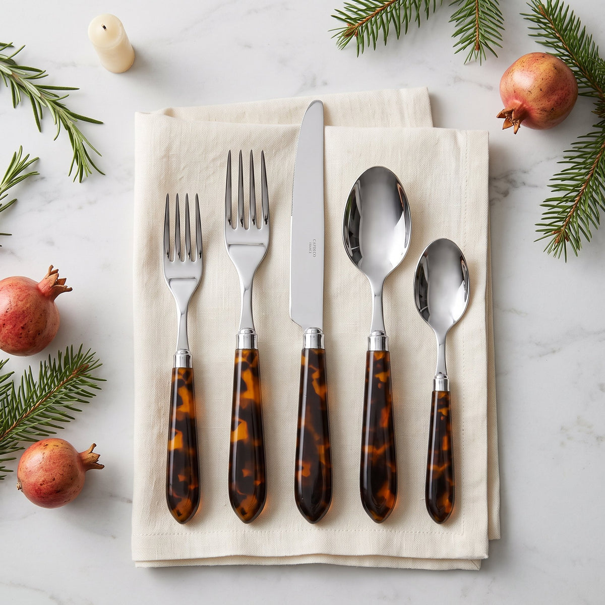 Capdeco Omega tortoise acrylic handle dinner knife, forks, dessert spoon and teaspoon
