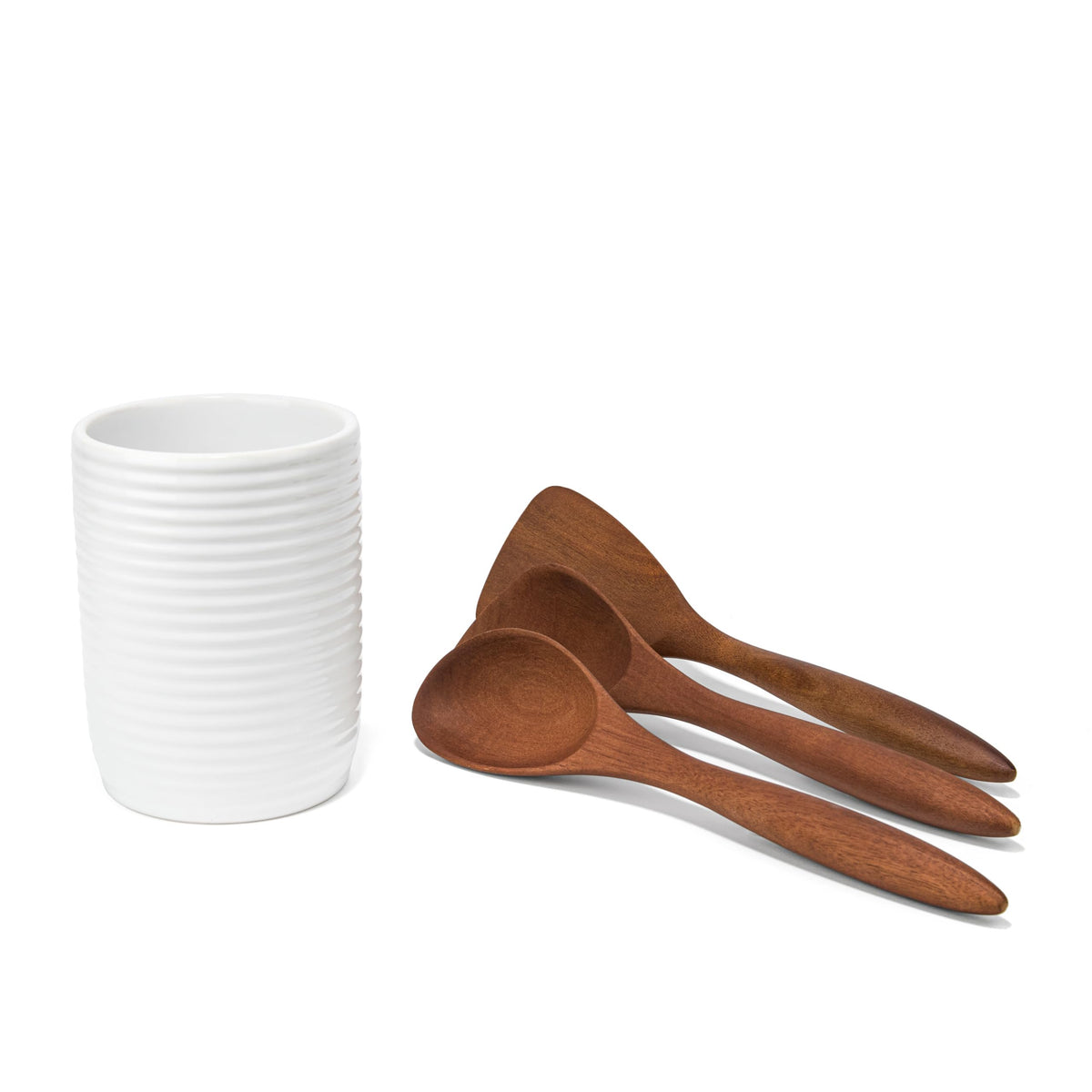 Nambe x Tom Papa Breaking Bread Canister with Acacia Wood Utensils - Contemporary Stoneware Kitchen Tool Holder, Includes Round Spoon, Flat Spoon & Spatula - Modern Baking & Cooking Tools