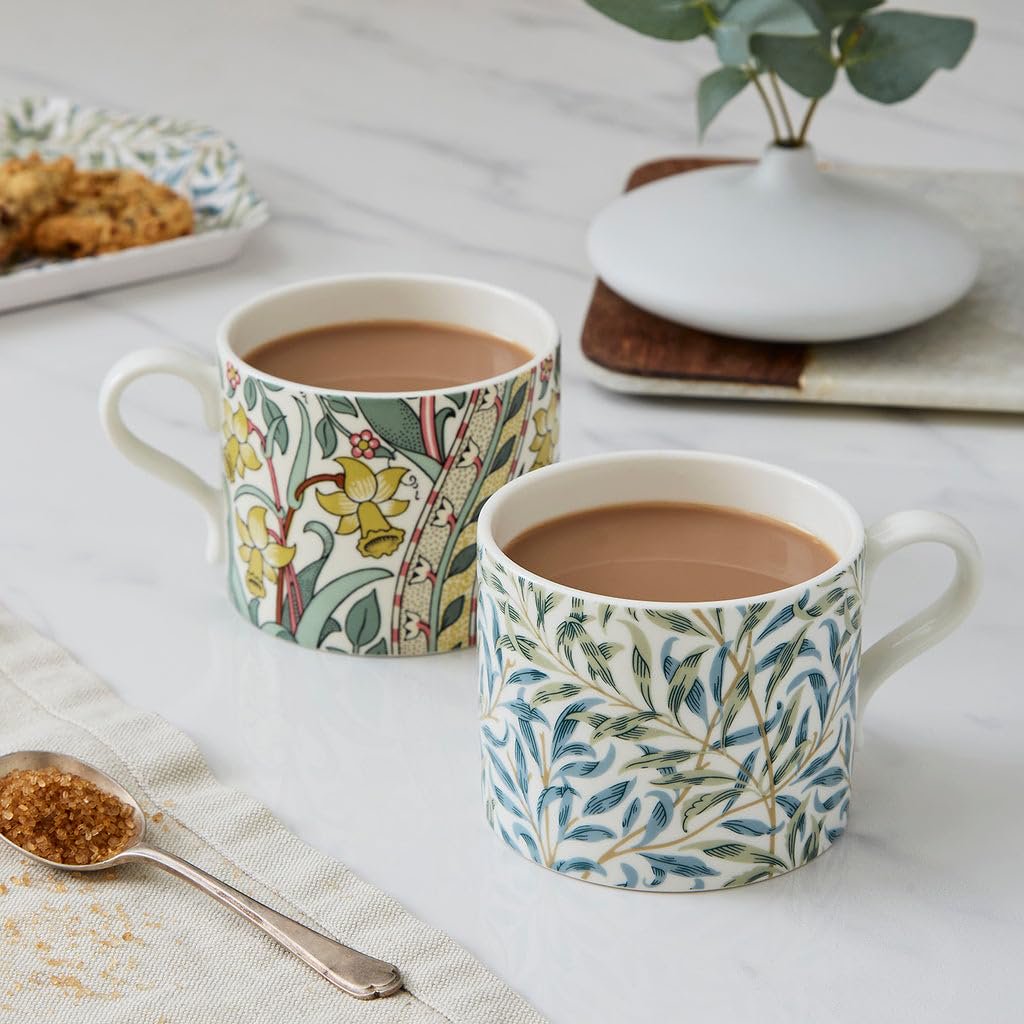 Spode Morris & Co 12oz Mugs, Set of 2 (Daffodil & Willow Bough)  Elegant Porcelain Drinkware for Coffee Home Kitchen Mug Set
