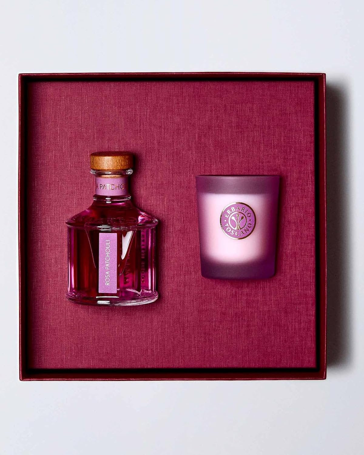 Erbario Toscano Rosa Patchouli home fragrance gift set reed diffuser and candle
